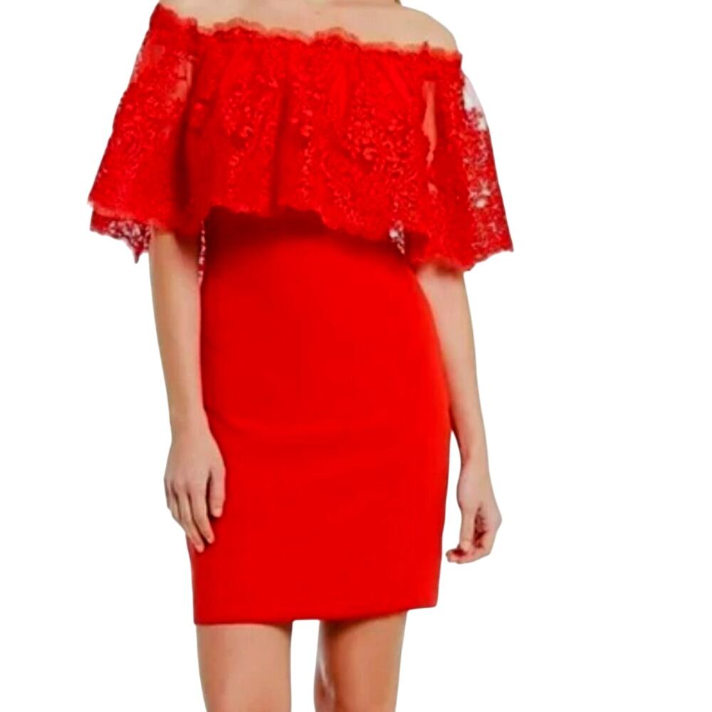 BADGLEY MISCHKA NEW Size 10 Red Mini Dress Red Lace Off Shoulder Party Cocktail‎